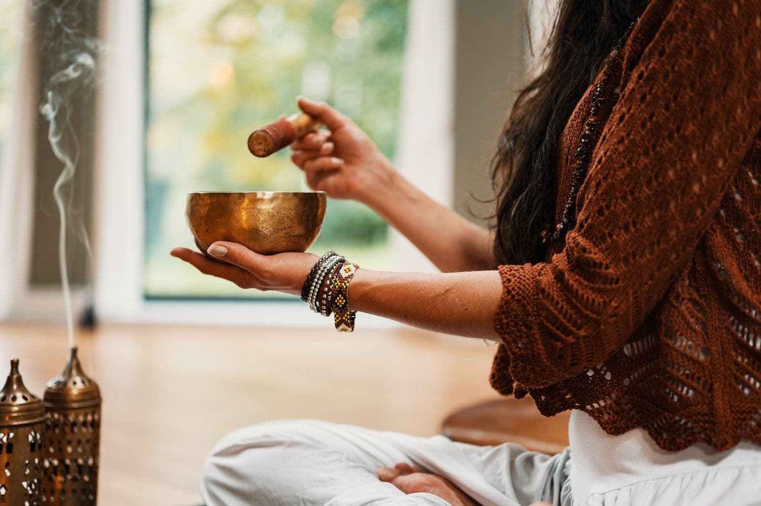 A calming sound healing session with a singing bowl